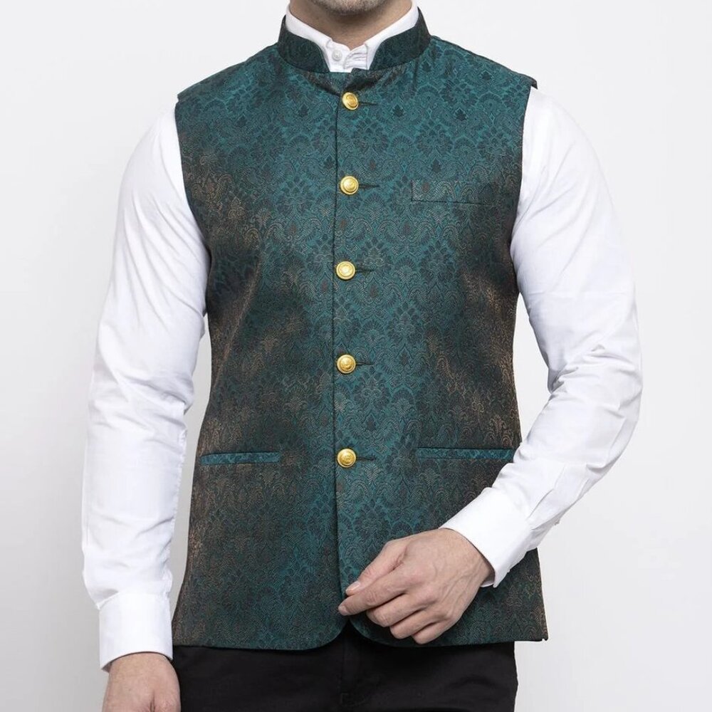Banarasi Rayon Cotton Green Modi Nehru Jacket
